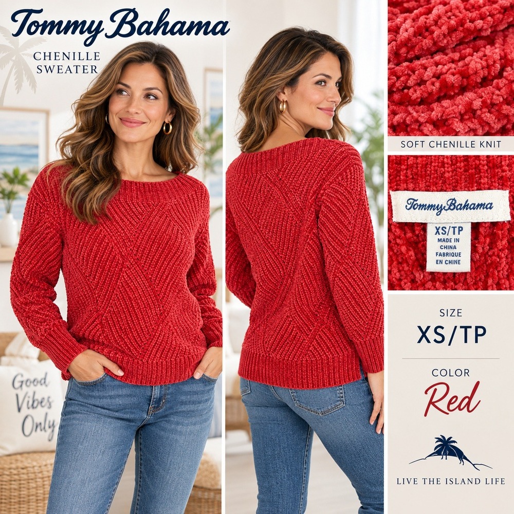 Tommy Bahama Island Luna Chenille Sweater Womens XS Red Shell Stitch #1897